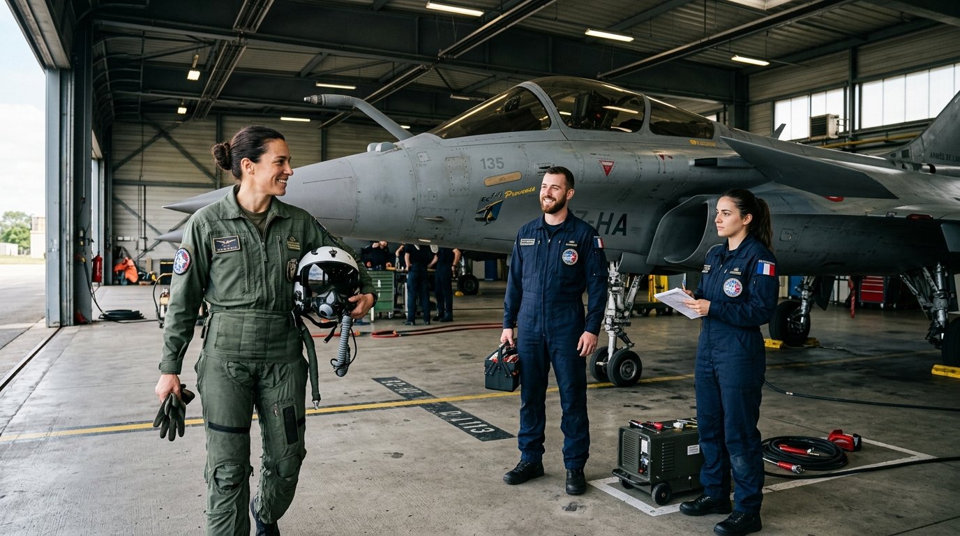 Aviateurs et pilotes de l'Armée de l'Air et de l'Espace devant un avion Rafale
