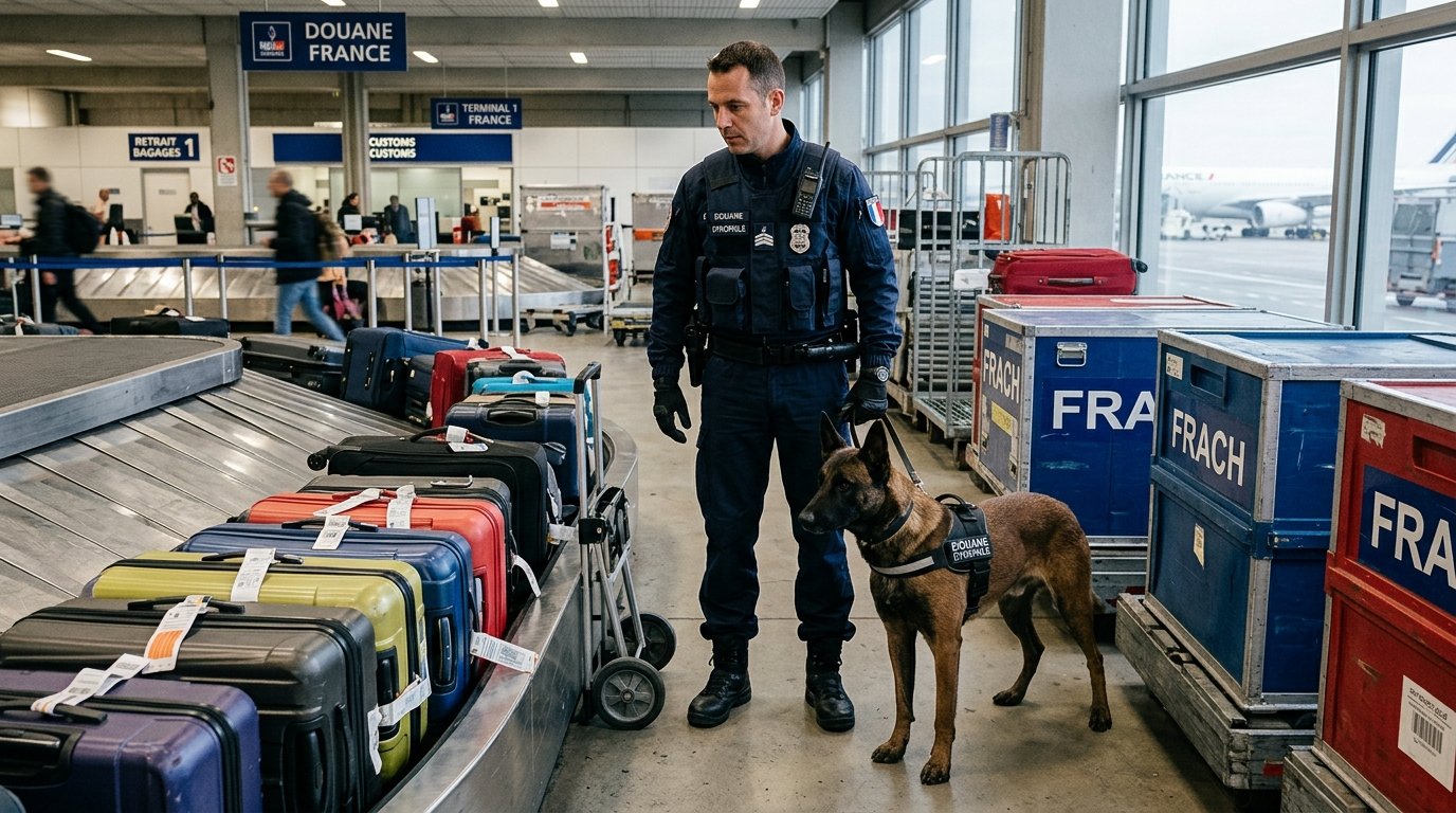 Maître-chien douanier avec chien de détection en aéroport