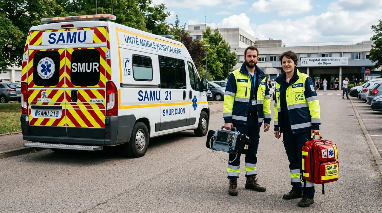 Équipe SMUR en tenue d'intervention au pied d'une Unité Mobile Hospitalière UMH de réanimation