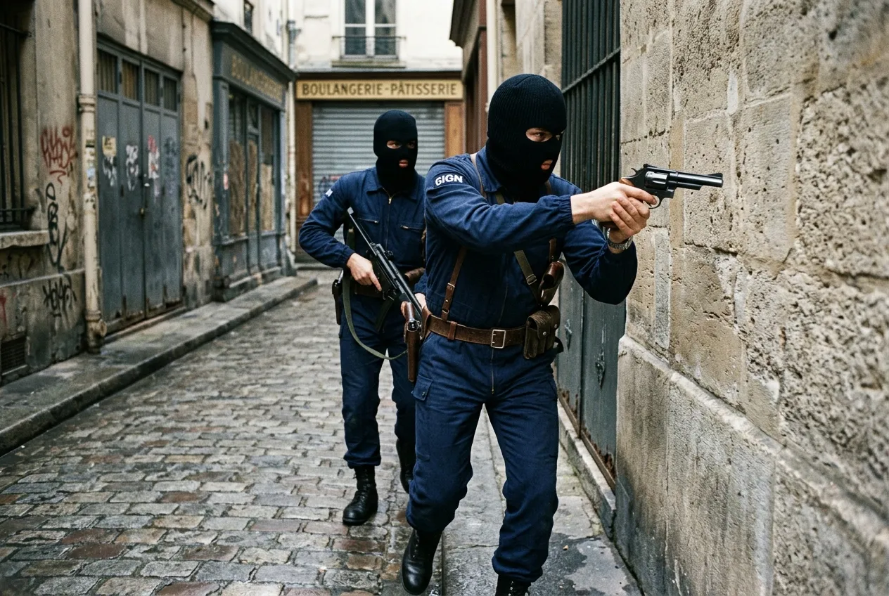Pionniers du GIGN en 1974 avec combinaison bleue, cagoule et revolver de précision Manurhin MR73