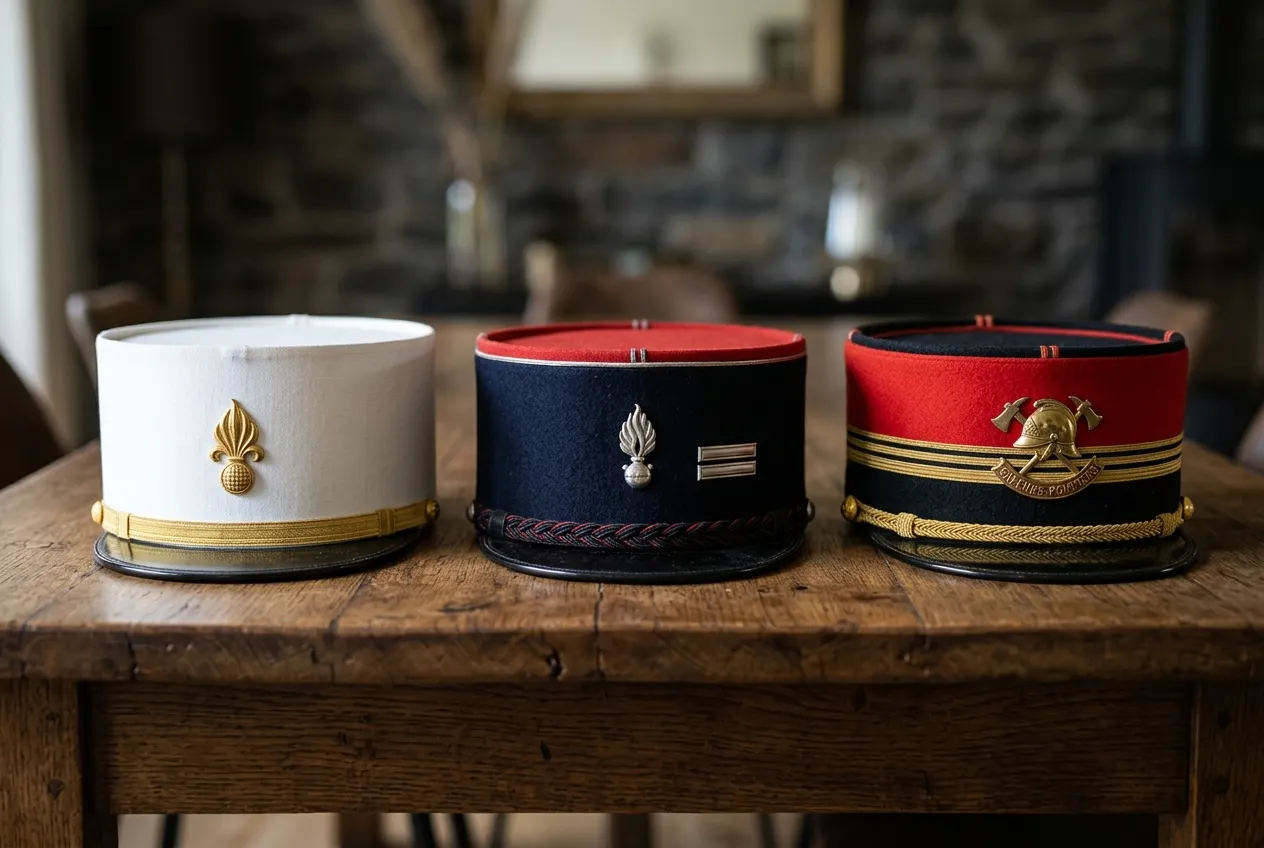 Trois képis traditionnels français modernes : Légion étrangère, Gendarmerie et Sapeurs-Pompiers