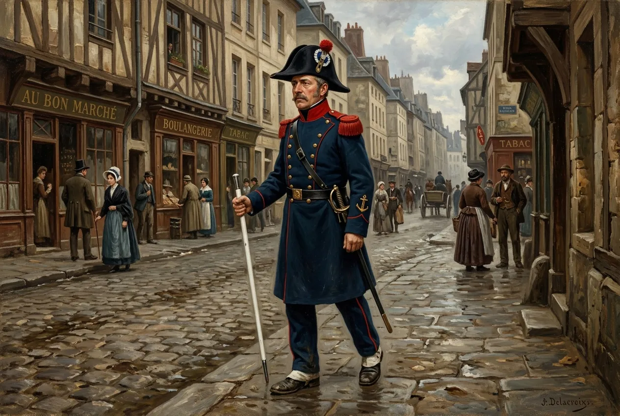 Sergent de ville de Paris en 1829 avec redingote bleue et chapeau claque