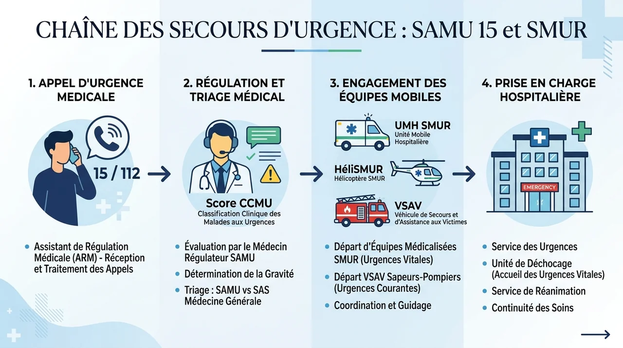 Infographie de la chaîne de régulation des appels et secours d'urgence SAMU 15 et SMUR