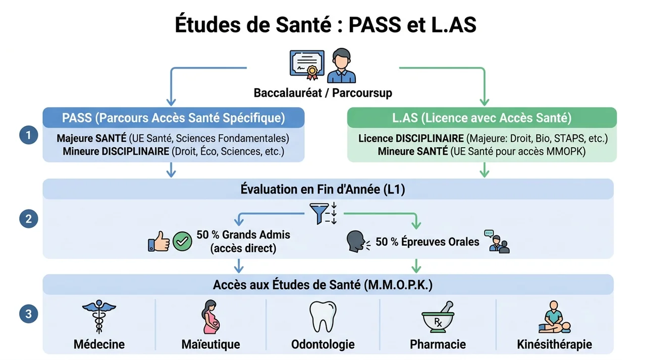 Infographie du parcours des études de santé : PASS et L.AS, évaluation L1 et filières MMOPK