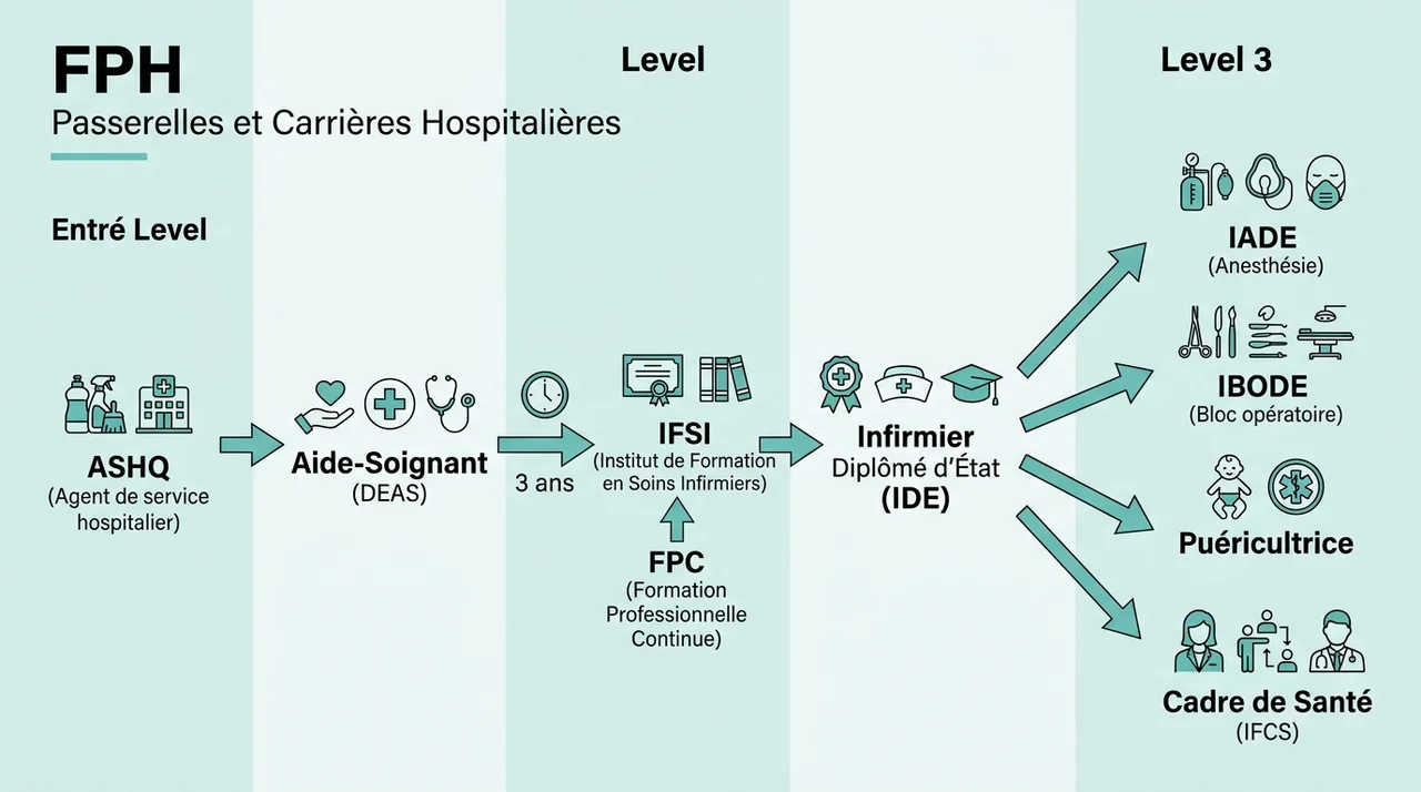 Infographie de l'arbre d'évolution de carrière et passerelles hospitalières FPH