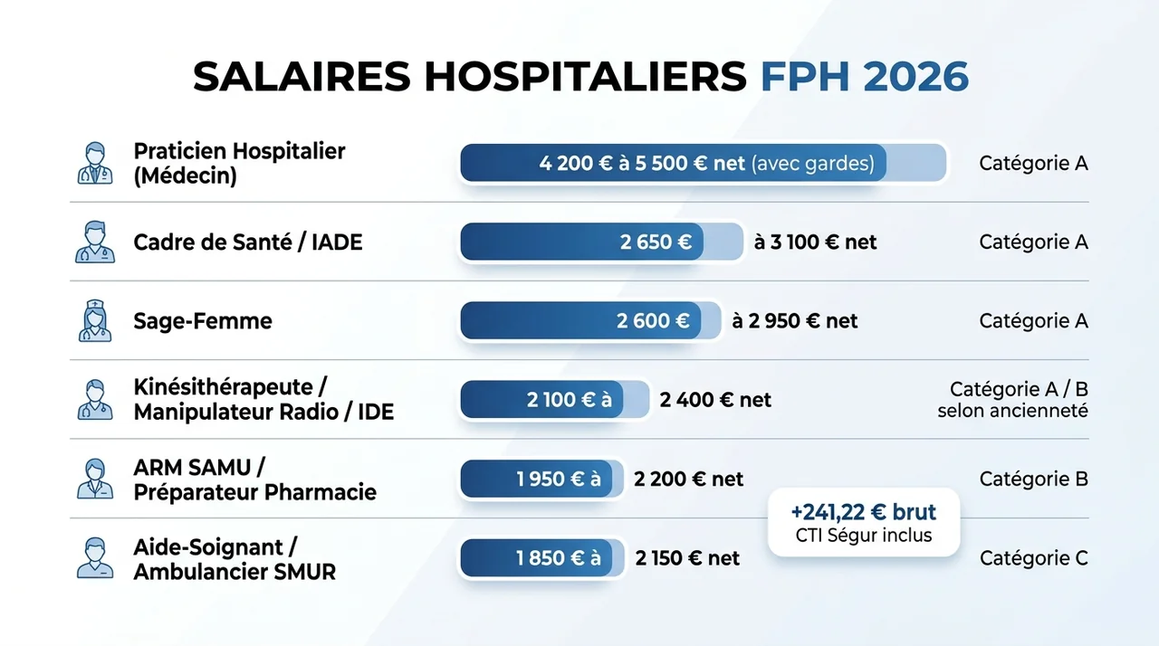Infographie des salaires hospitaliers FPH 2026 avec CTI Ségur inclus