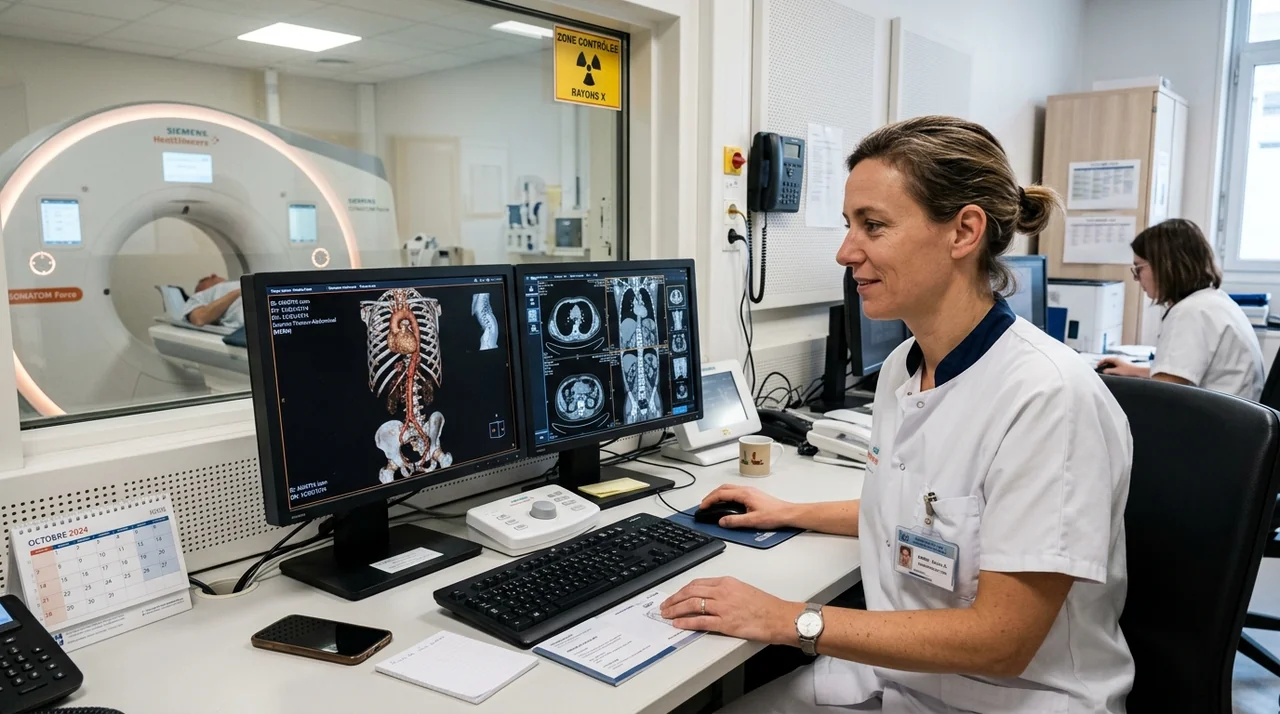 Manipulateur en électroradiologie médicale MERM aux commandes d'un scanner médical moderne en milieu hospitalier